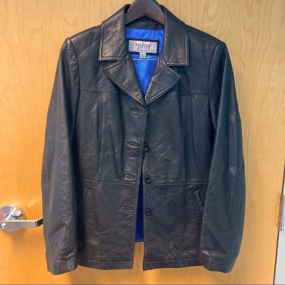WILSONS Leather Sz L Classic Cut Jacket w/ Blue Lining Fabric & Leather